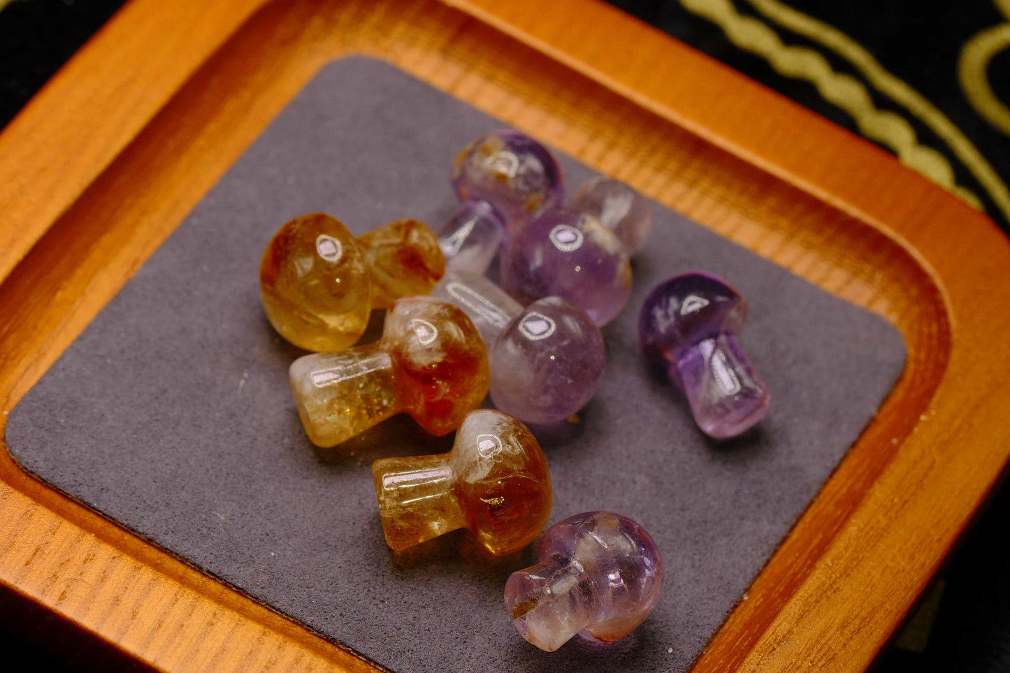 Citrine and Amethyst Mushroom Carvings - Polished