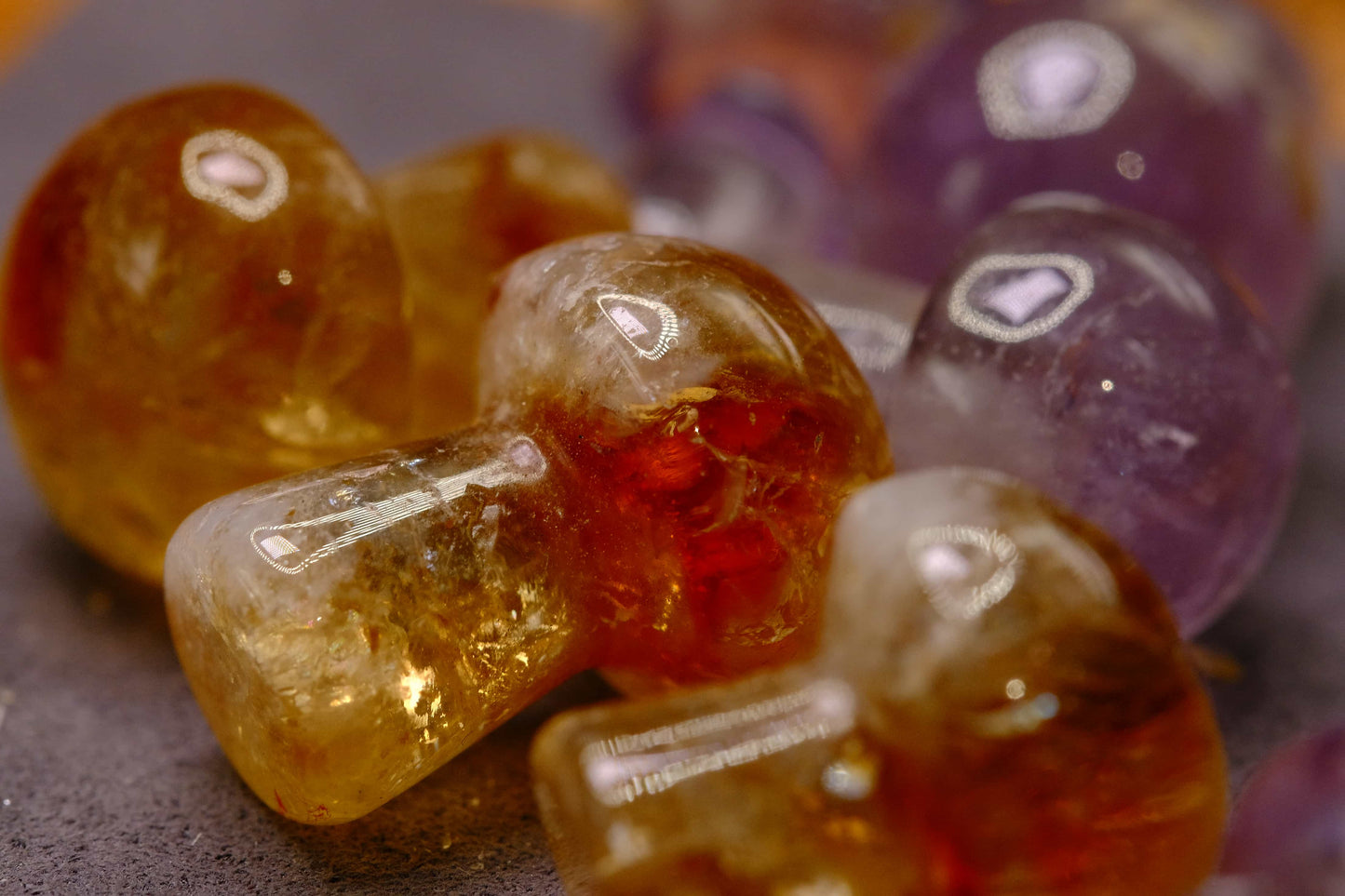 Citrine and Amethyst Mushroom Carvings - Polished